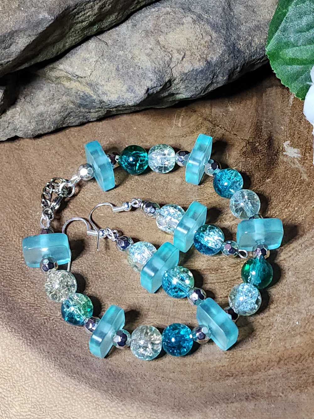 Hand Crafted  Crackled Glass Teal Beaded Bracelet and Earring Set